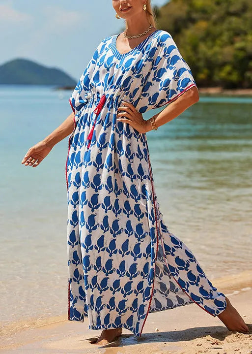 Blue O Neck Print Drawstring Side Open Cotton Dress Batwing Sleeve