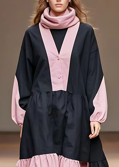 Pink Wrinkled Patchwork Maxi Dress Long Sleeve
