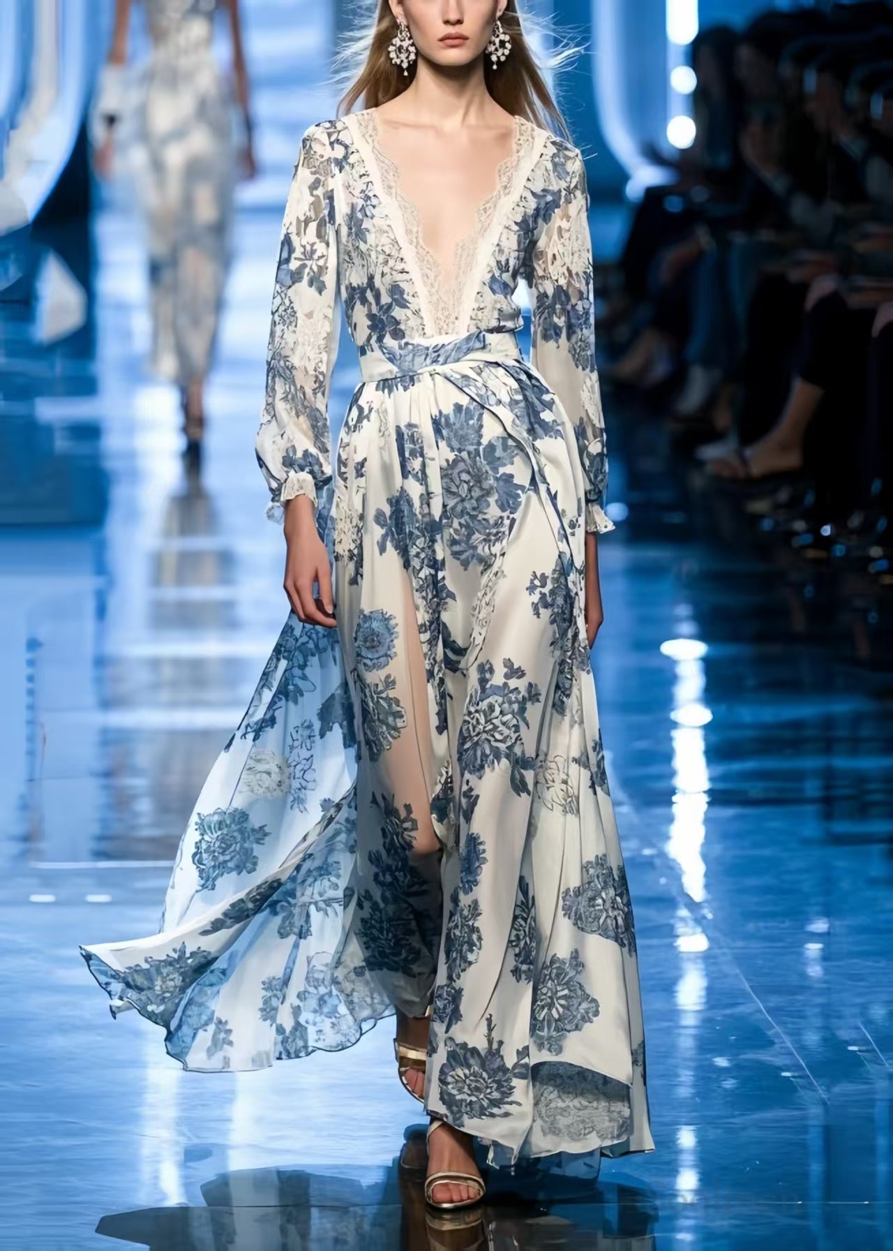 Blue Print Draping Silk Vacation Dresses Summer