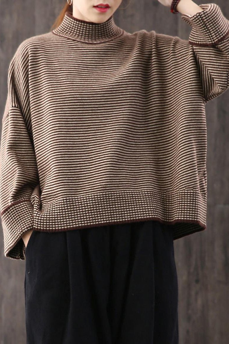 Loose High Collar Striped Sweater, Top,stylish Warm Sweater,wide Sleeve Sweater