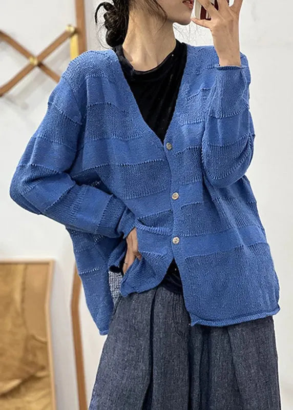 Loose Blue V Neck Hollow Out Cotton Knit Coat Fall