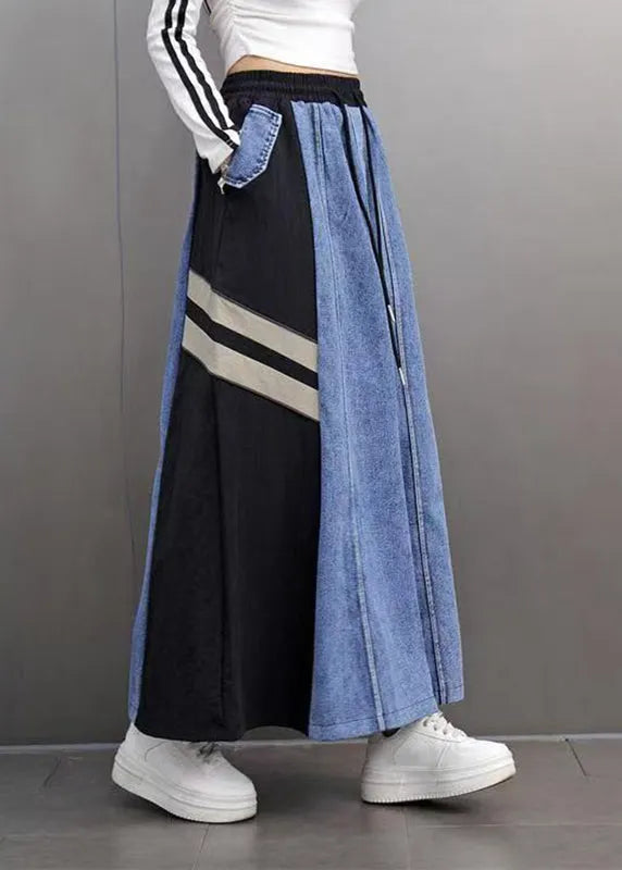 Boutique Colorblock Pockets Striped Elastic Waist Maxi Denim Skirts Spring