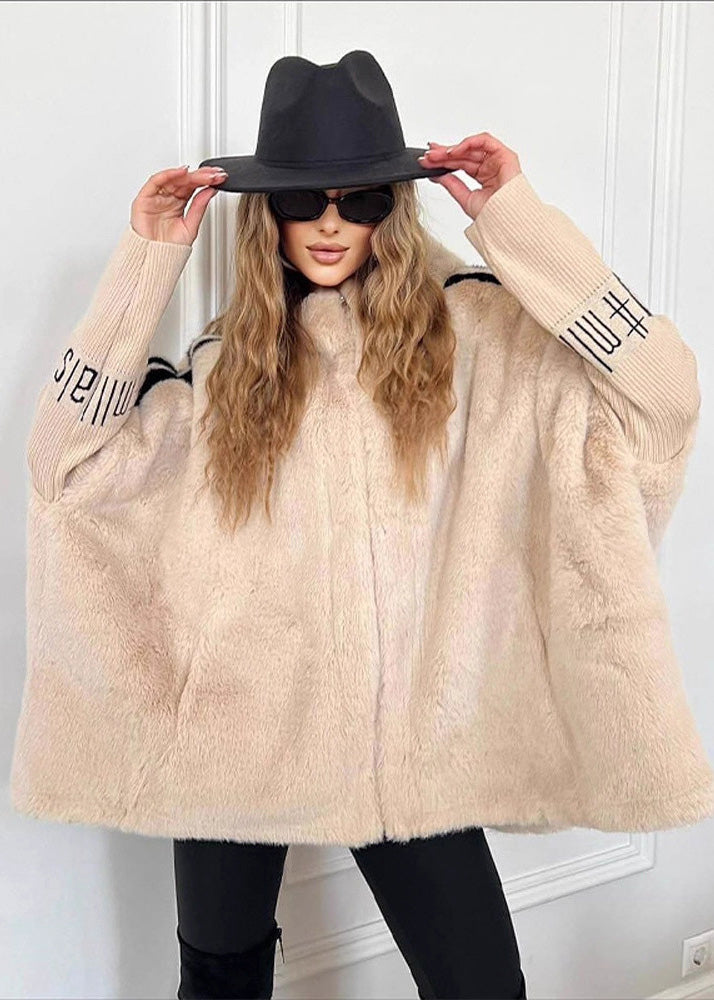 Brown Zippered Patchwork Faux Fur Hoodie Coat Winter