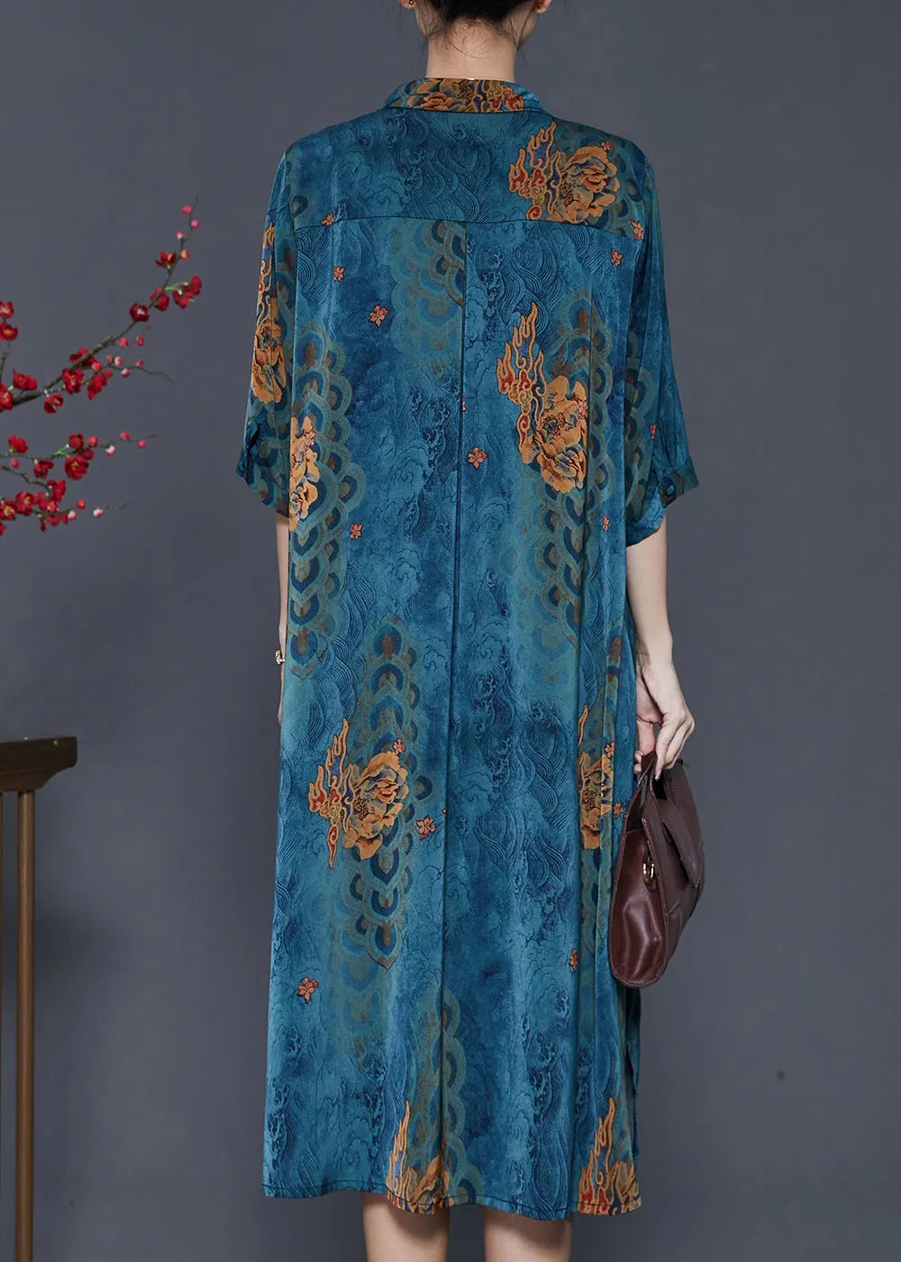 Blue Print Side Open Silk a Line Dress Summer
