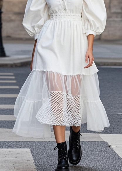 White Puff Sleeve Patchwork Tulle Cotton Party Dress Spring