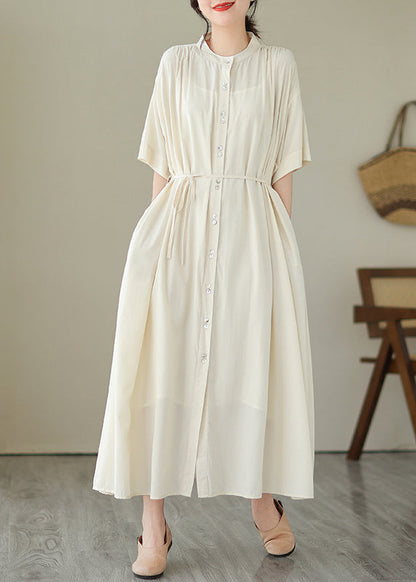 Apricot Tie Waist Long Dress Short Sleeve