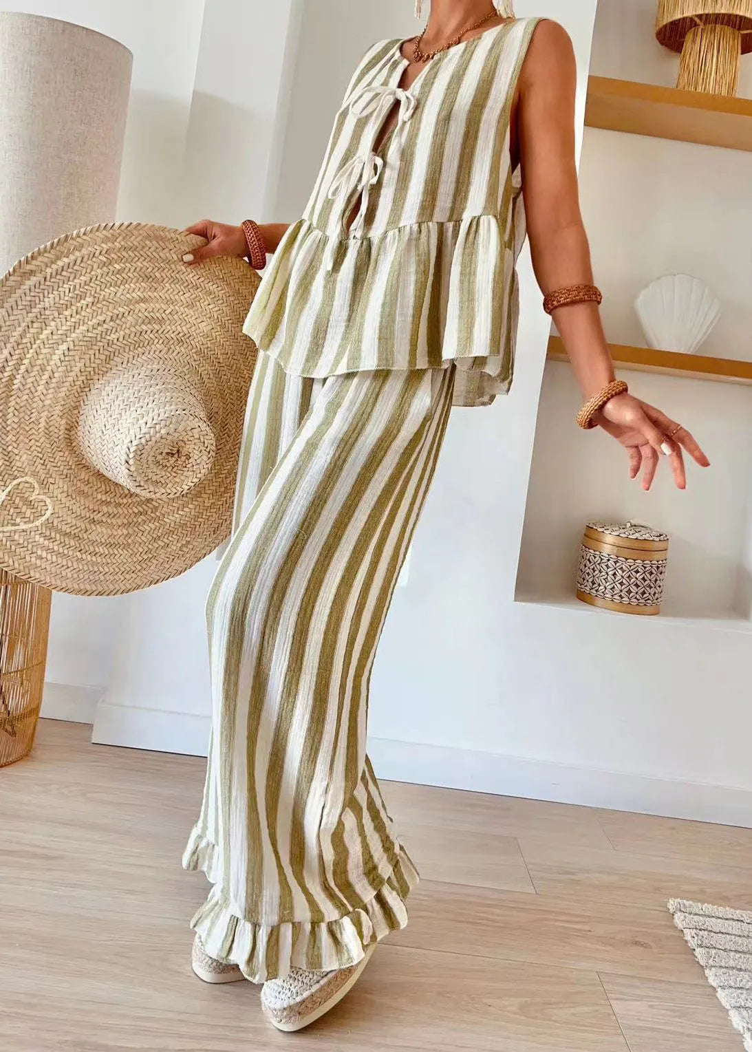 Pink Striped O-neck Top and Wide Leg Pants Two Piece Set Summer