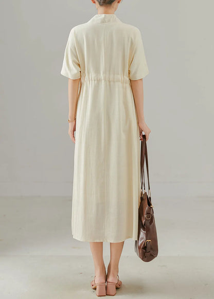 Simple Apricot V Neck Tie Waist Cotton Dress Summer