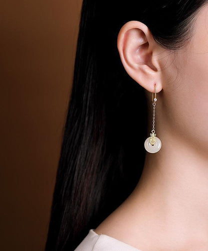 White Sterling Silver Ancient Gold Jade Zircon Ping Buckle Drop Earrings