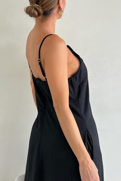 Vacay Ready Linen Blend Embellishment Pocketed Slit Maxi Dress