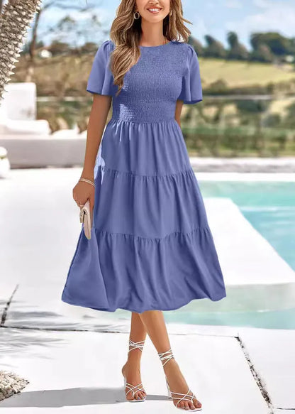 Green O-neck Wrinkled Patchwork Chiffon Dress Summer