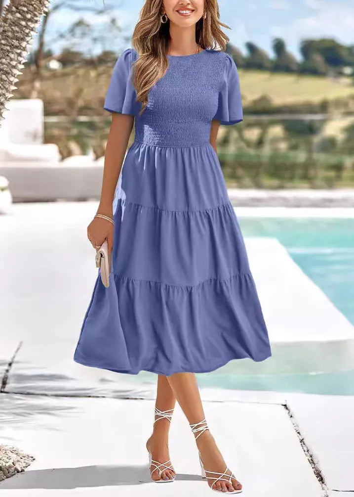 Green O-neck Wrinkled Patchwork Chiffon Dress Summer