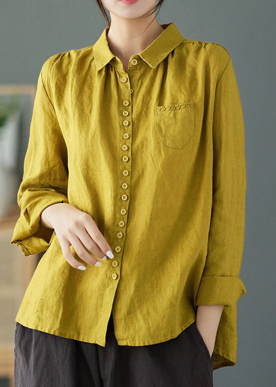 Yellow Peter Pan Collar Embroidered Linen Shirt Long Sleeve
