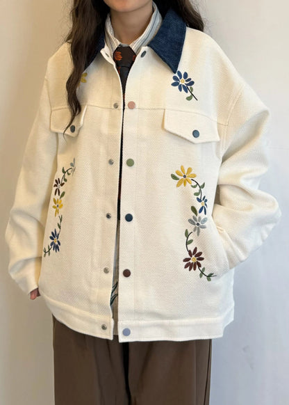 Loose Beige Peter Pan Collar Embroidered Cotton Coats Spring