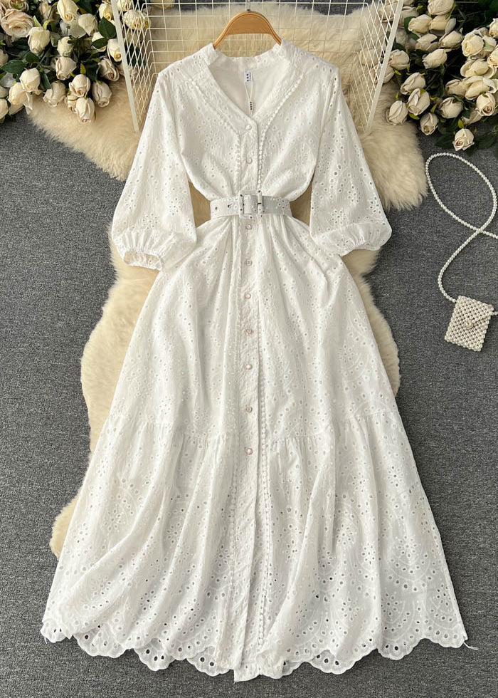 Purple Button Hollow Out Cotton Shirts Dress Long Sleeve