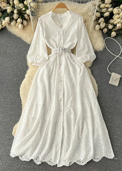Purple Button Hollow Out Cotton Shirts Dress Long Sleeve