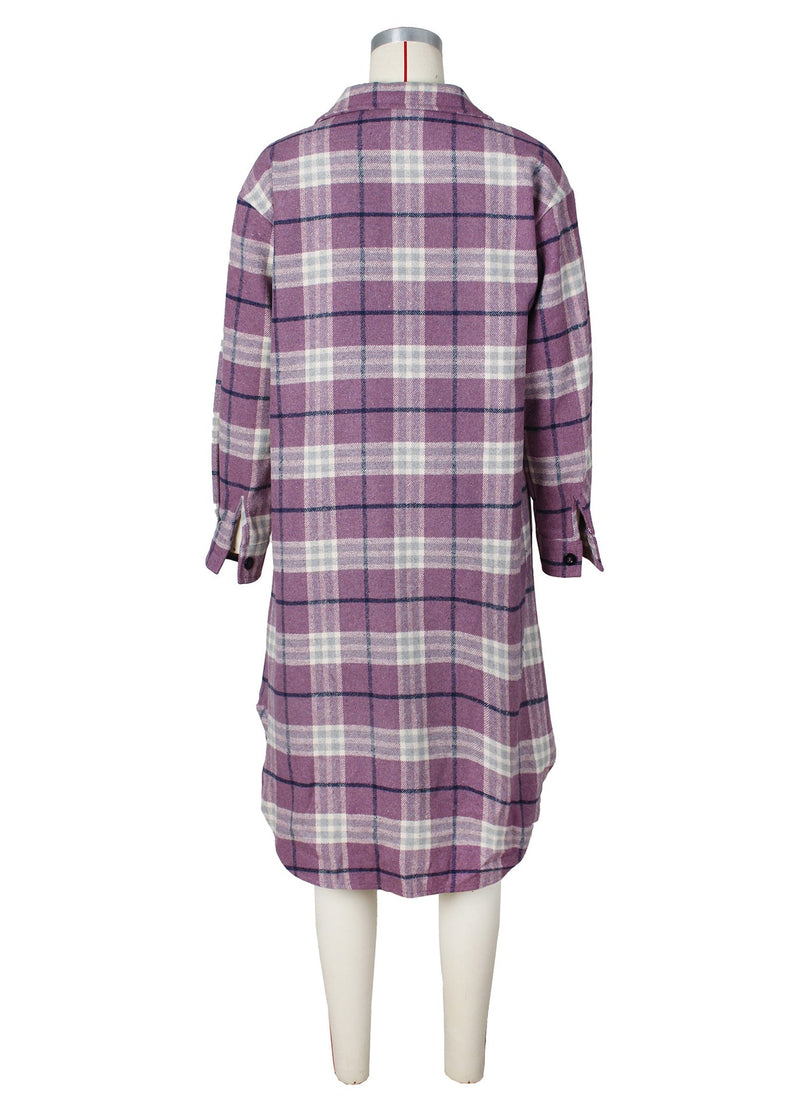 Purple Pockets Plaid Woolen Shirts Coat Fall