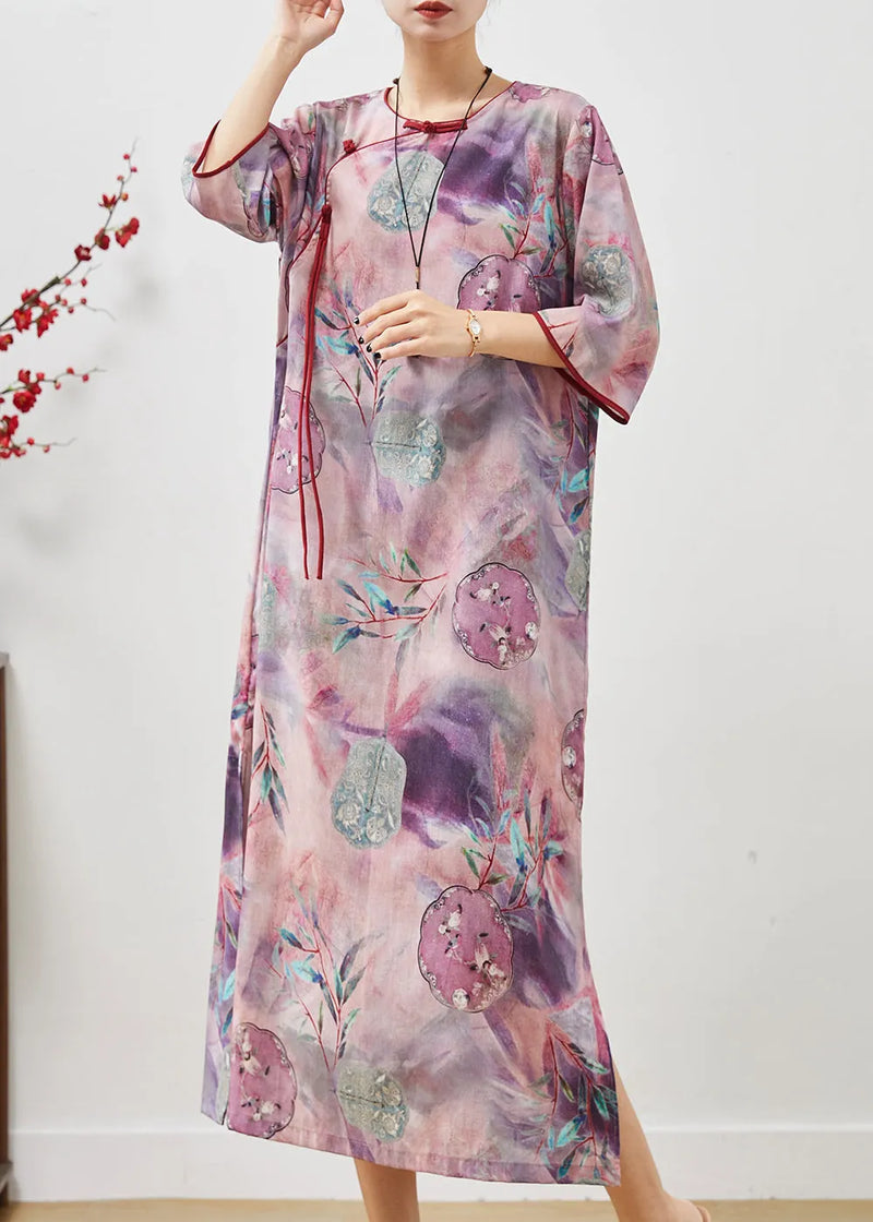 Purple Tasseled Print Cotton Cheongsam Dresses Summer