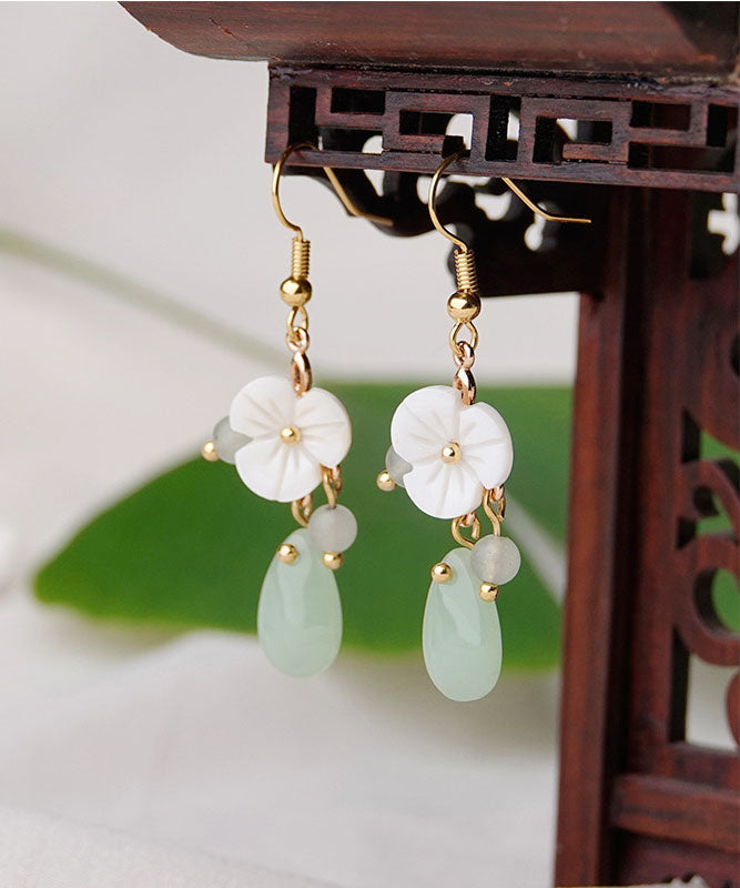 Boutique White Flower Jade 14k Gold Drop Earrings