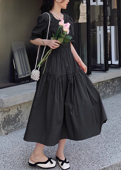 Pink O Neck Puff Sleeve Wrinkled Patchwork Cotton Long Dress