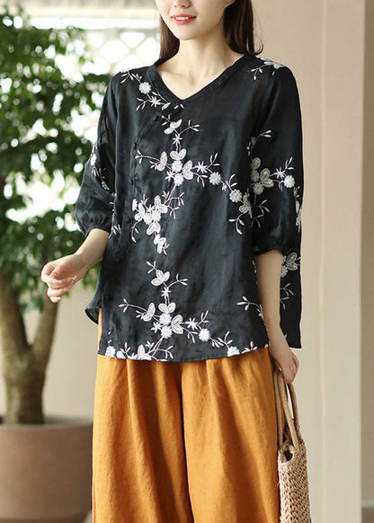 Black Patchwork Linen Top O-neck Embroidered Button Summer