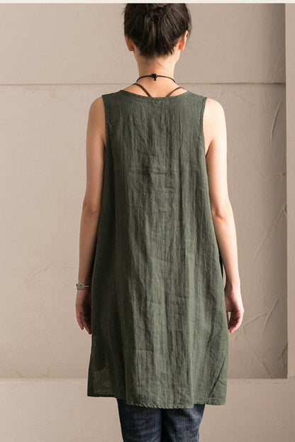 Green Cotton Linen Sleeveless Long Vest Summer for Outfits