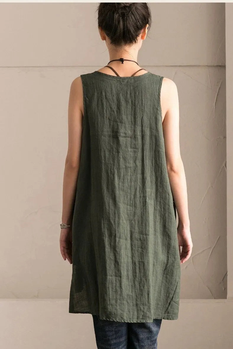 Green Cotton Linen Sleeveless Long Vest Summer for Outfits