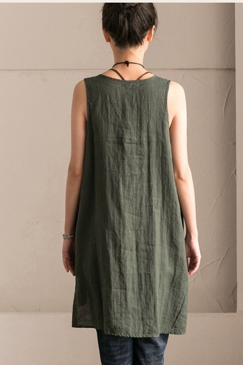 Green Cotton Linen Sleeveless Long Vest Summer for Outfits