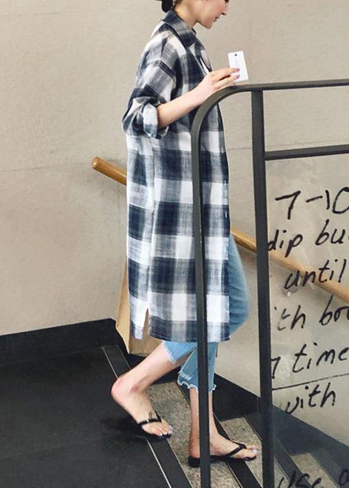 Lapel Pockets Linen Cotton Tops Plaid Baggy Shirt