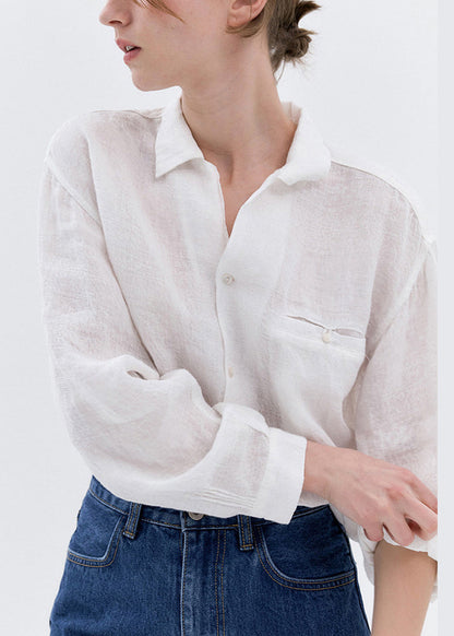 White Peter Pan Collar Linen Blouse Tops Spring