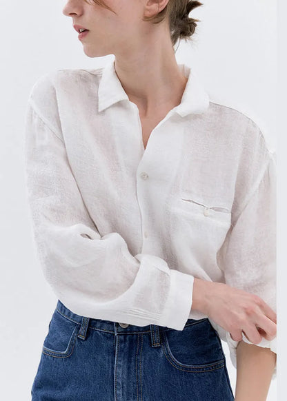 White Peter Pan Collar Linen Blouse Tops Spring
