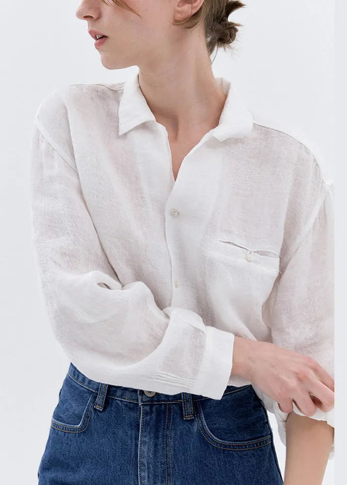 White Peter Pan Collar Linen Blouse Tops Spring