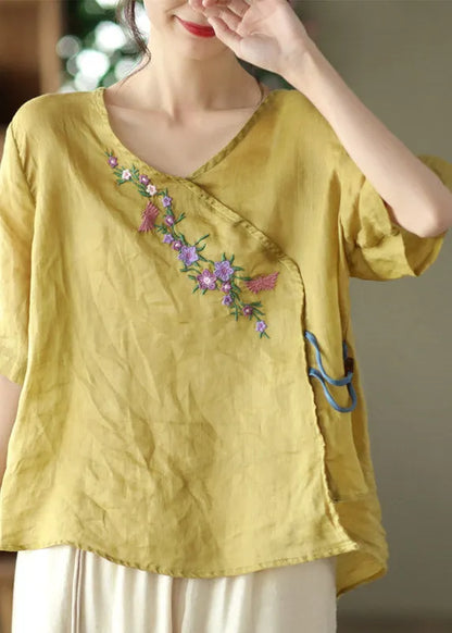 Unique Yellow V Neck Embroidered Linen T Shirt Half Sleeve