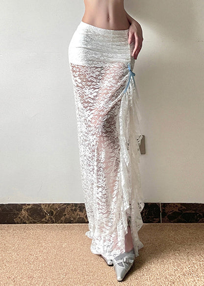 White Side Open Hollow Out Lace Wraped Skirts Spring