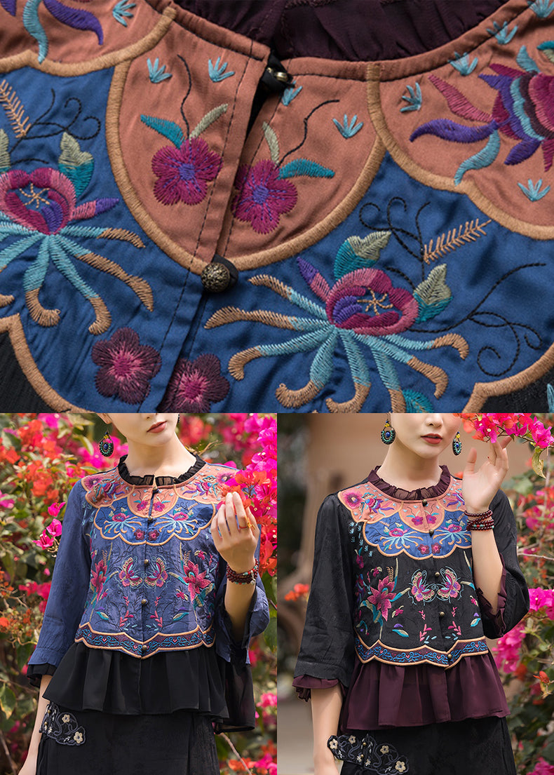 Black O-neck Embroidered Ruffled Chiffon Tops Long Sleeve