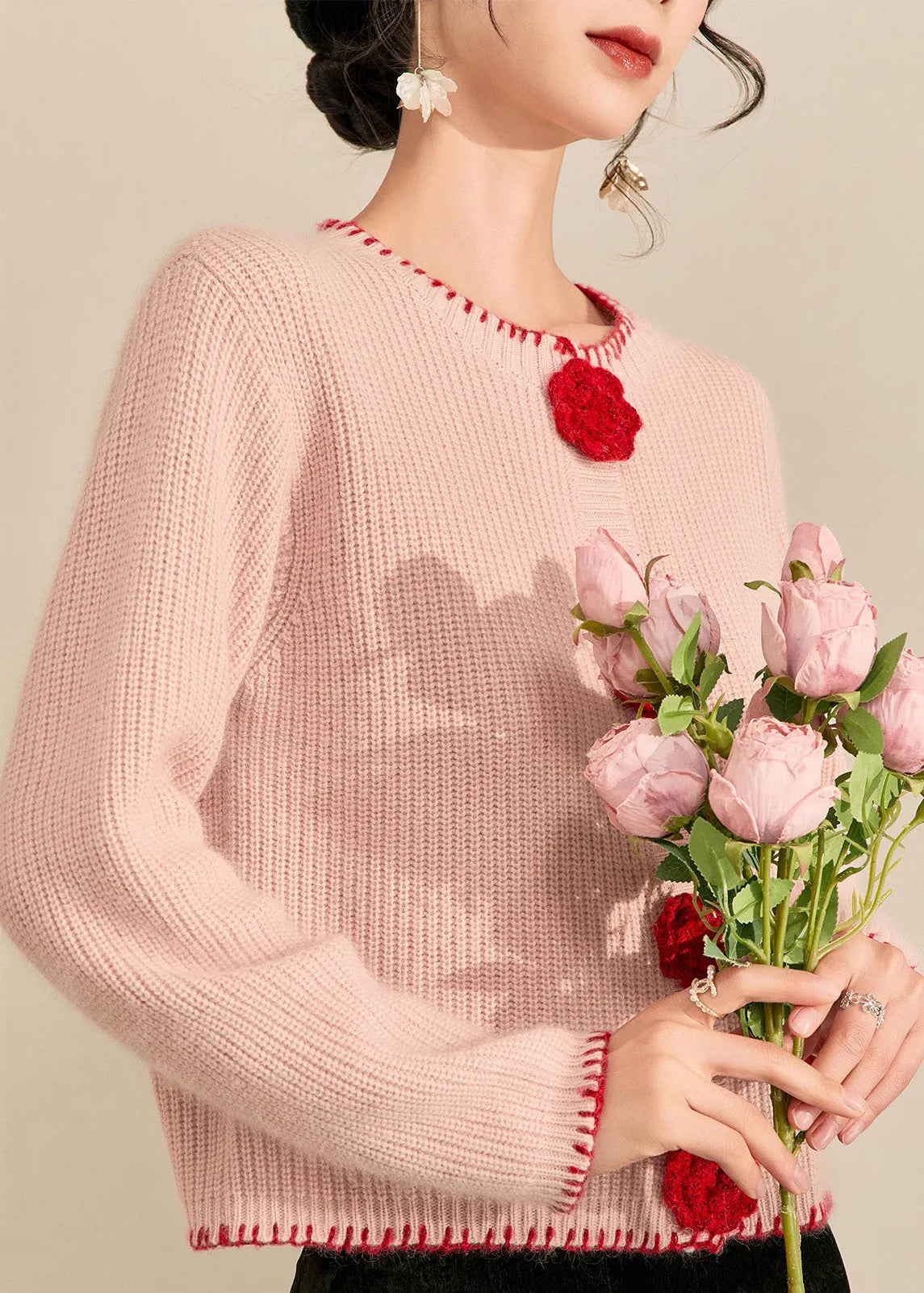 Art Pink Patchwork Button Cotton Knit Cardigan Spring