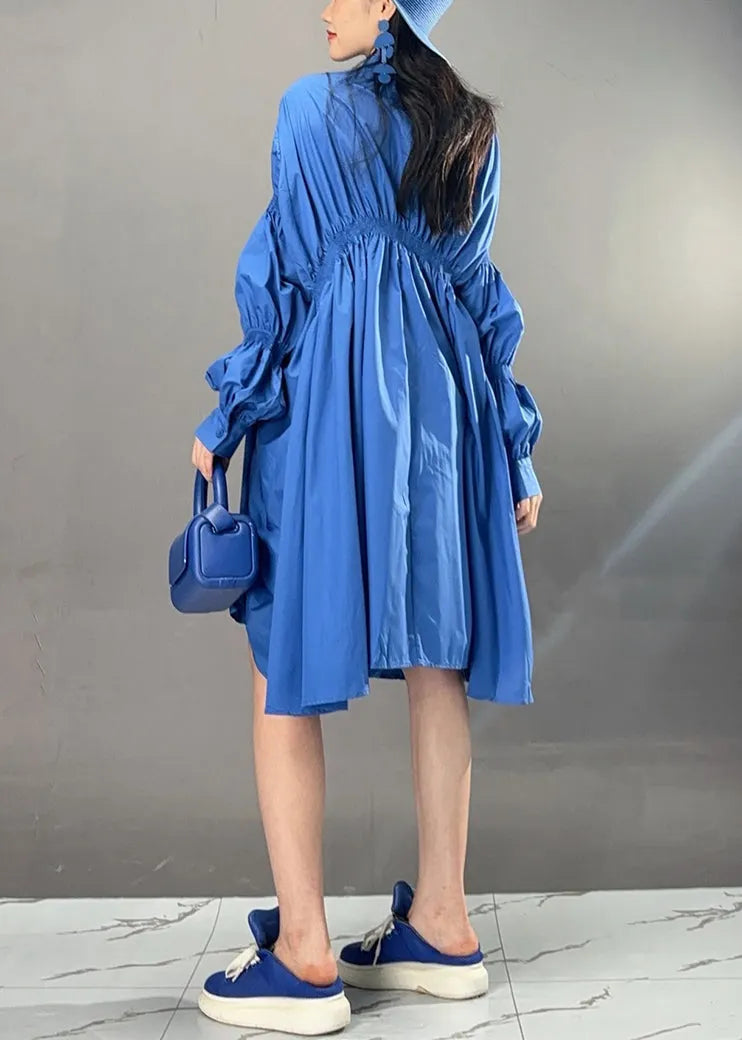 Art Blue Asymmetrical Wrinkled Button Cotton Dress Fall