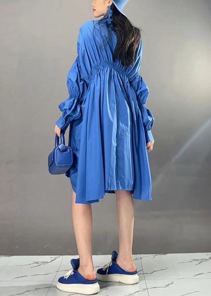 Art Blue Asymmetrical Wrinkled Button Cotton Dress Fall
