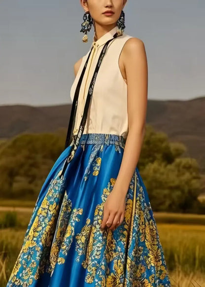 Boutique Blue Print Exra Large Hem Silk Skirt Spring