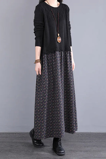 Fall Stitching Long Dress Retro Black Knitted Dress