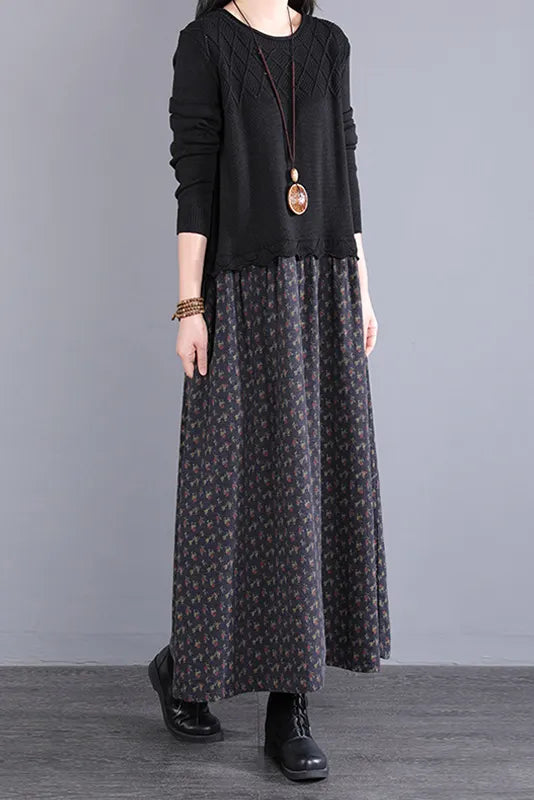 Fall Stitching Long Dress Retro Black Knitted Dress