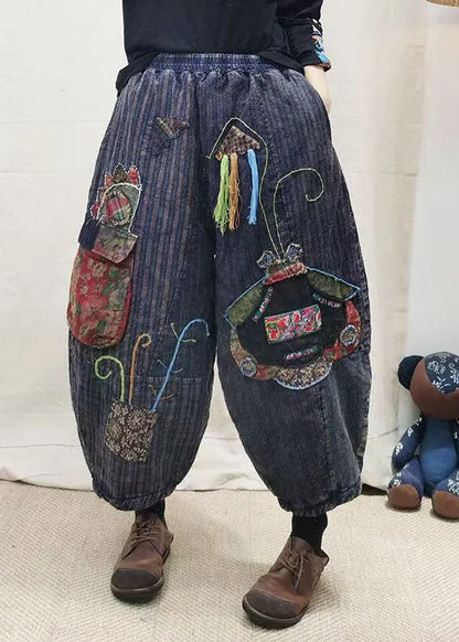 Blue Embroidered Patchwork Fine Cotton Filled Pants Winter