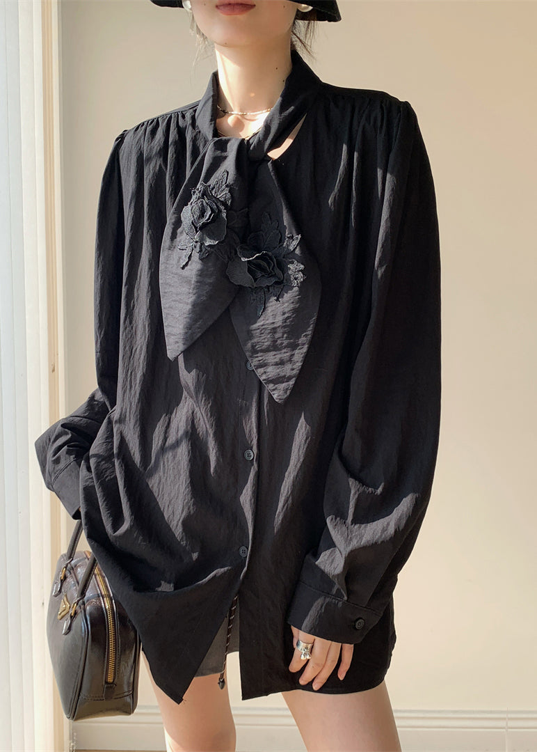 Black Button Loose Cotton Fall Shirt Bow
