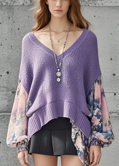 Stylish Purple Oversized Patchwork Print Sweater Lantern Sleeve