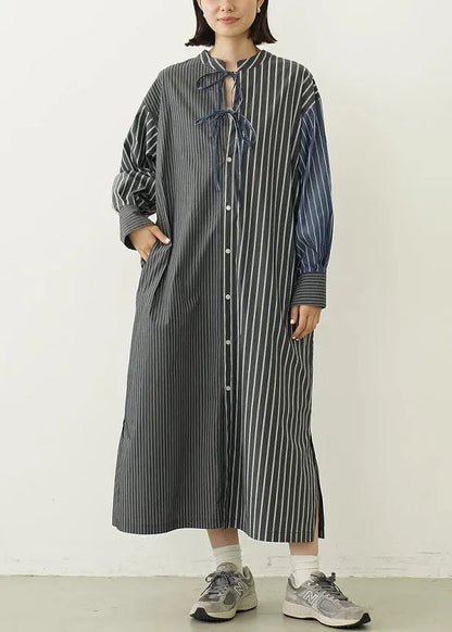 Black Striped Cotton Shirt Dresses Oversized Lace Up Spring