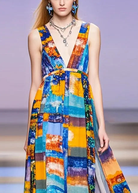 V Neck Print Chiffon Long Dress Sleeveless