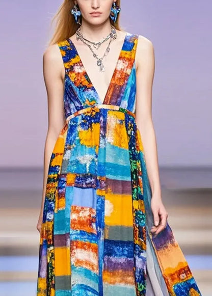 V Neck Print Chiffon Long Dress Sleeveless
