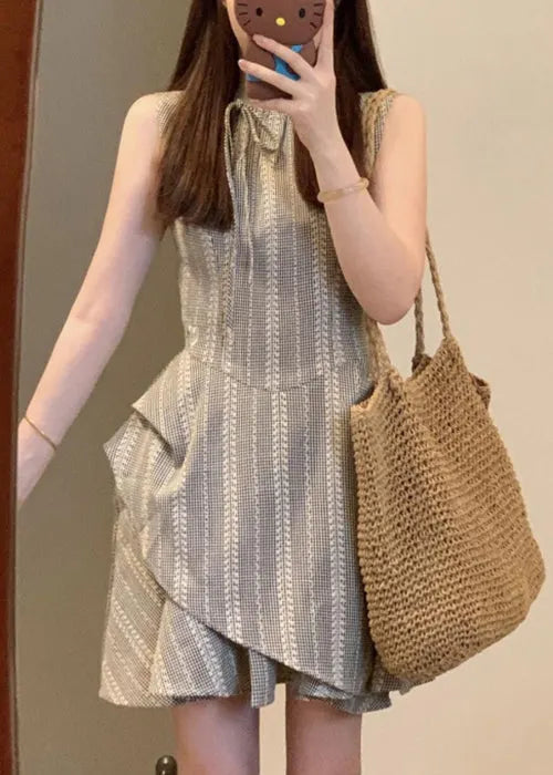 French Grey Striped Lace Up Cotton Mini Dress Sleeveless