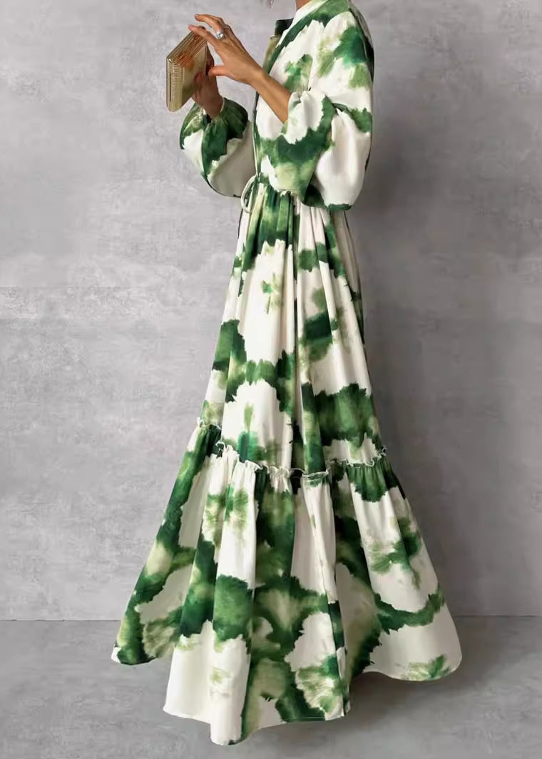 Green Ruffled Print Cotton Ankle Dress Lantern Sleeve