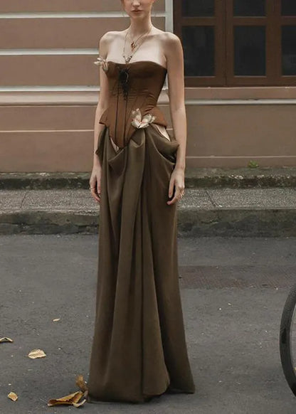 Novelty Brown Patchwork Cold Shoulder Vacation Maxi Dresses Summer